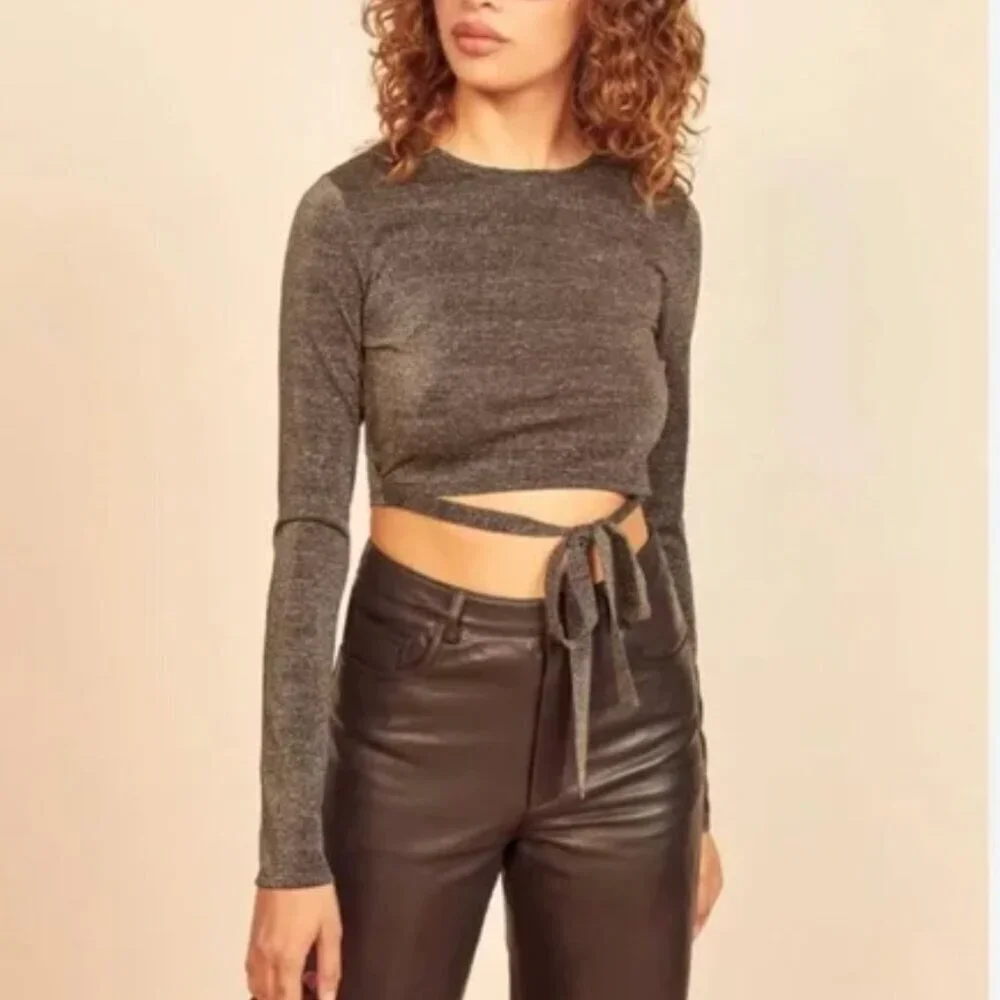 Reformation Jupiter Metallic Crop Top Long Sleeve Tie Blouse Black Gold Large